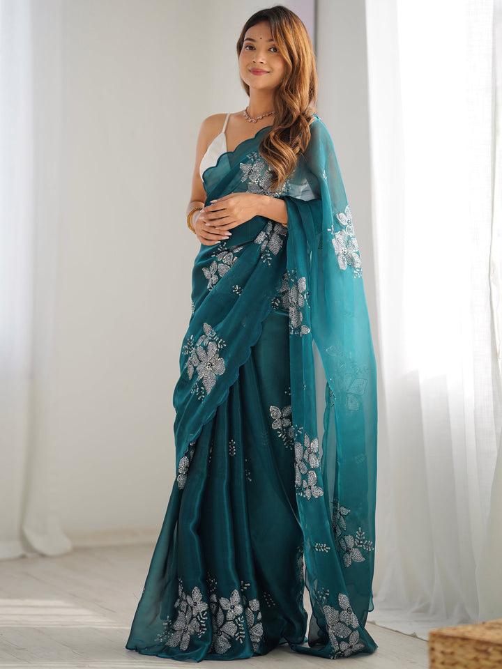 Marvelous Teal Blue Embroidered Organza Trendy Saree With Blouse