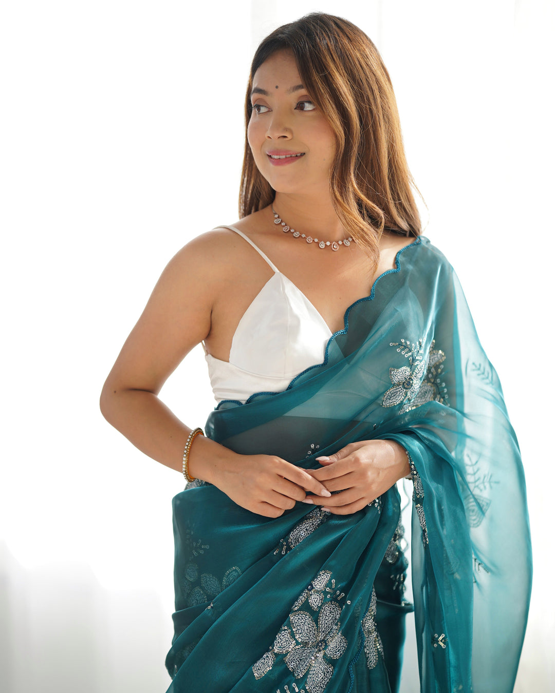 Elegant Jimmy-Choo Fabric Saree | Designer Sequence Embroidery for Weddings