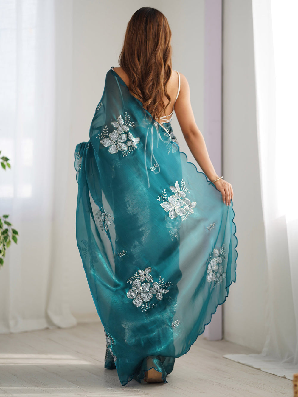 Marvelous Teal Blue Embroidered Organza Trendy Saree With Blouse