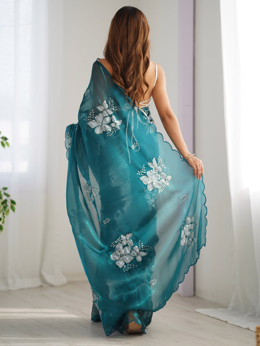 Marvelous Teal Blue Embroidered Organza Trendy Saree With Blouse
