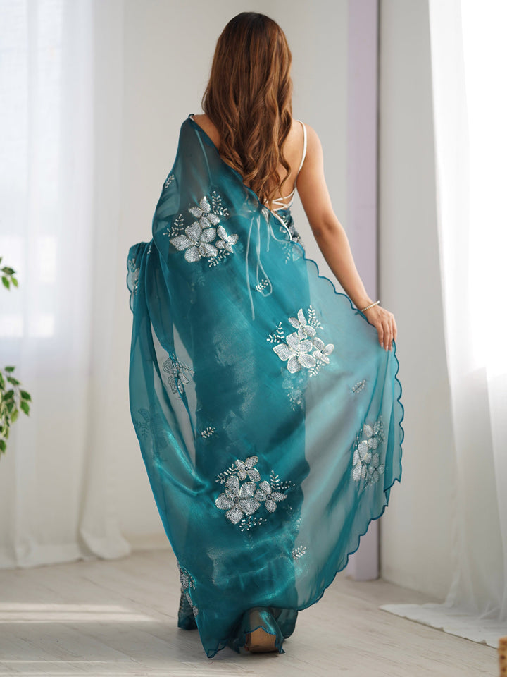 Marvelous Teal Blue Embroidered Organza Trendy Saree With Blouse