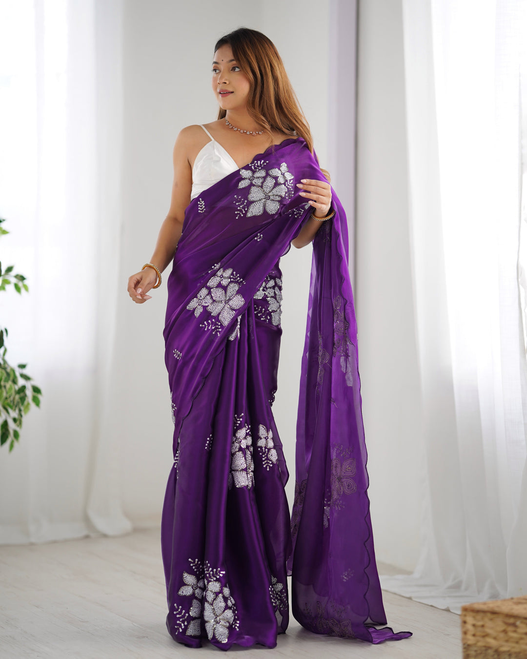 Elegant Jimmy-Choo Fabric Saree | Designer Sequence Embroidery for Weddings