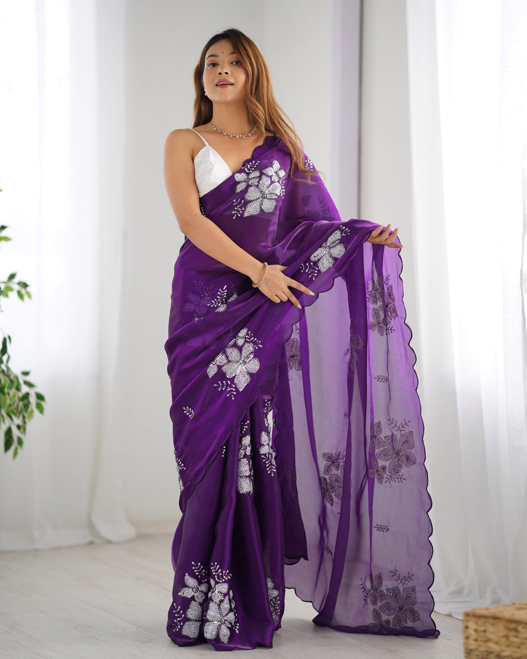 Elegant Jimmy-Choo Fabric Saree | Designer Sequence Embroidery for Weddings