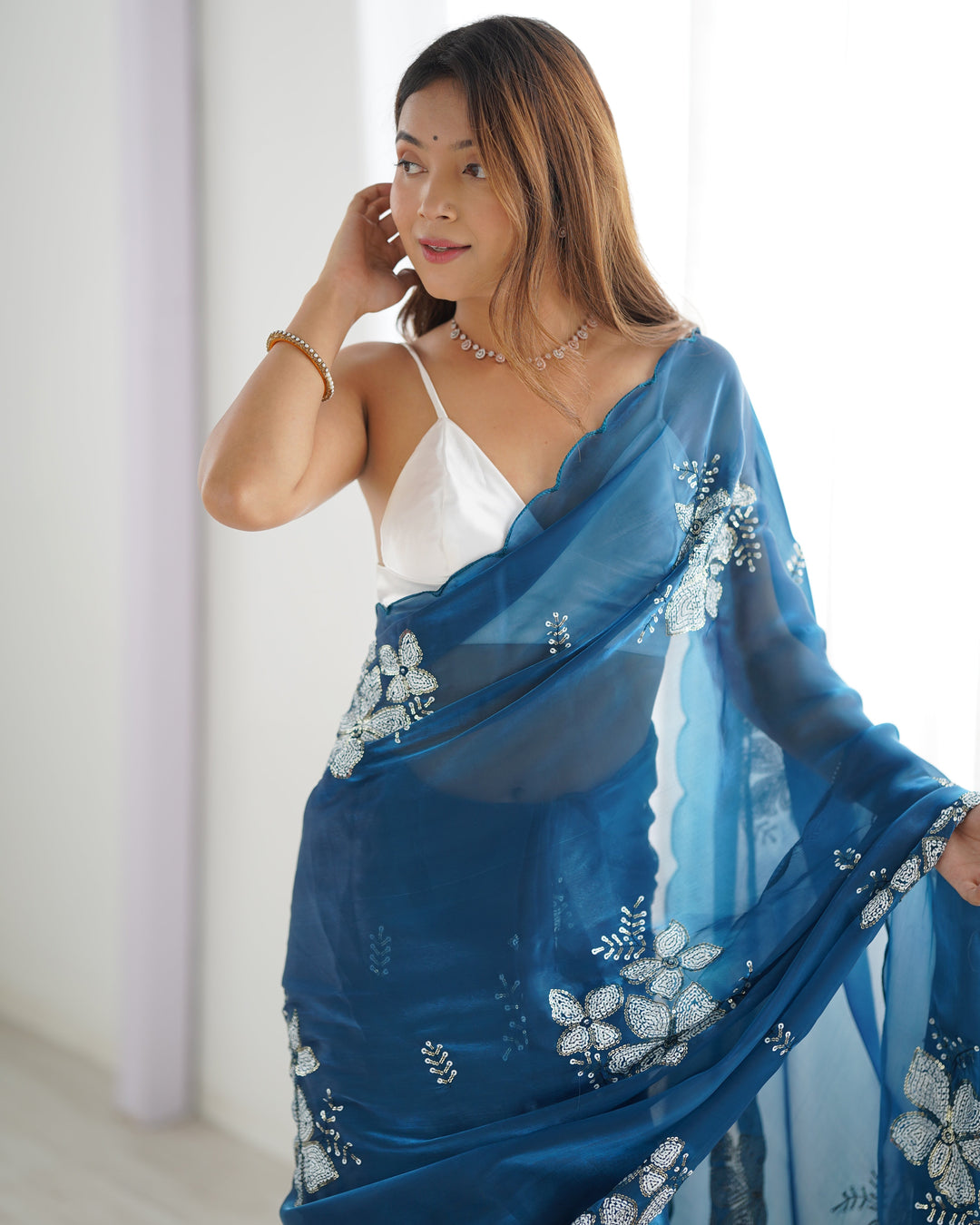 Elegant Jimmy-Choo Fabric Saree | Designer Sequence Embroidery for Weddings