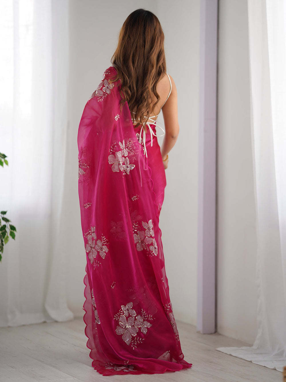 Bewitching Pink Embroidered Organza Party Wear Saree With Blouse