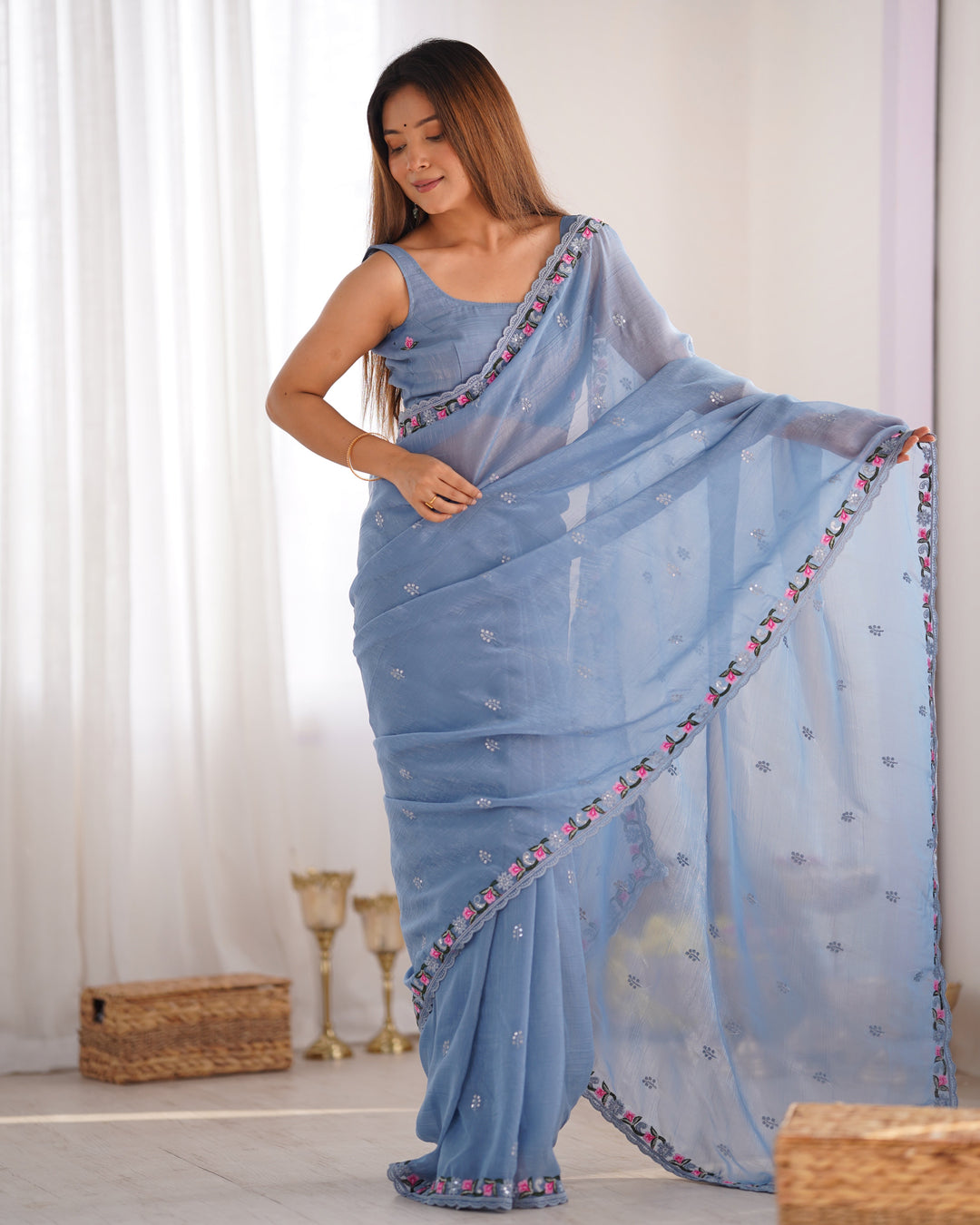 Elegant Pixel-Silk Saree with Thread & Sequin Embroidery | Perfect for Weddings & Special Events