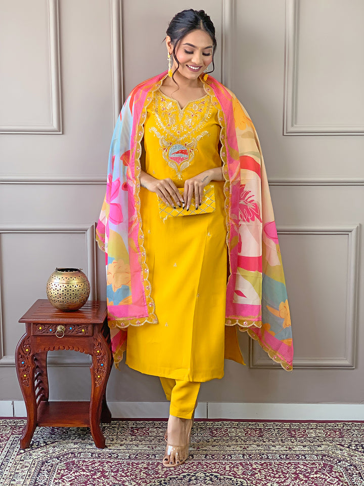 Mustard Salwar Kameez | Elegant Embroidered Suit with Silk Dupatta