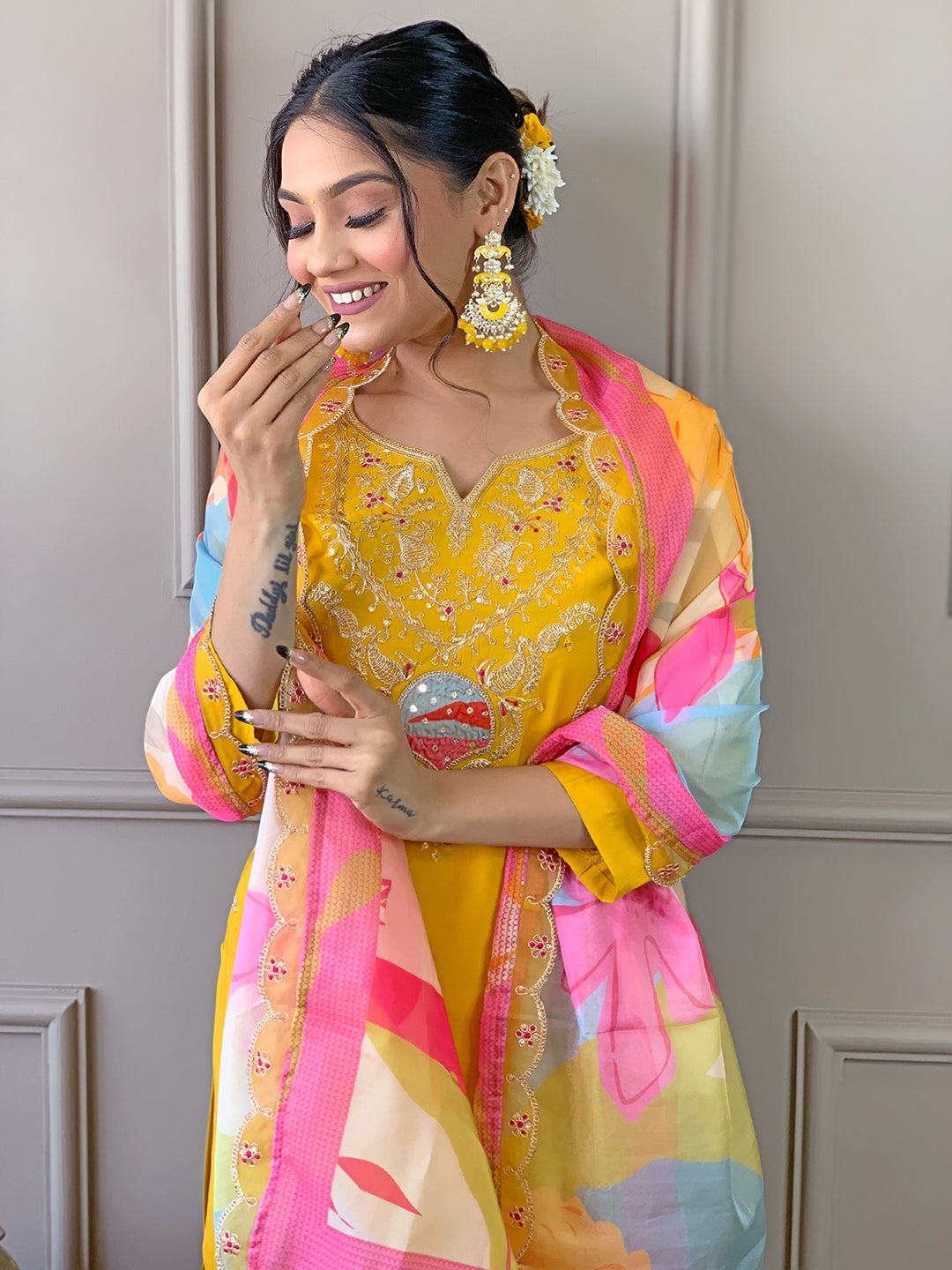 Mustard Salwar Kameez | Elegant Embroidered Suit with Silk Dupatta