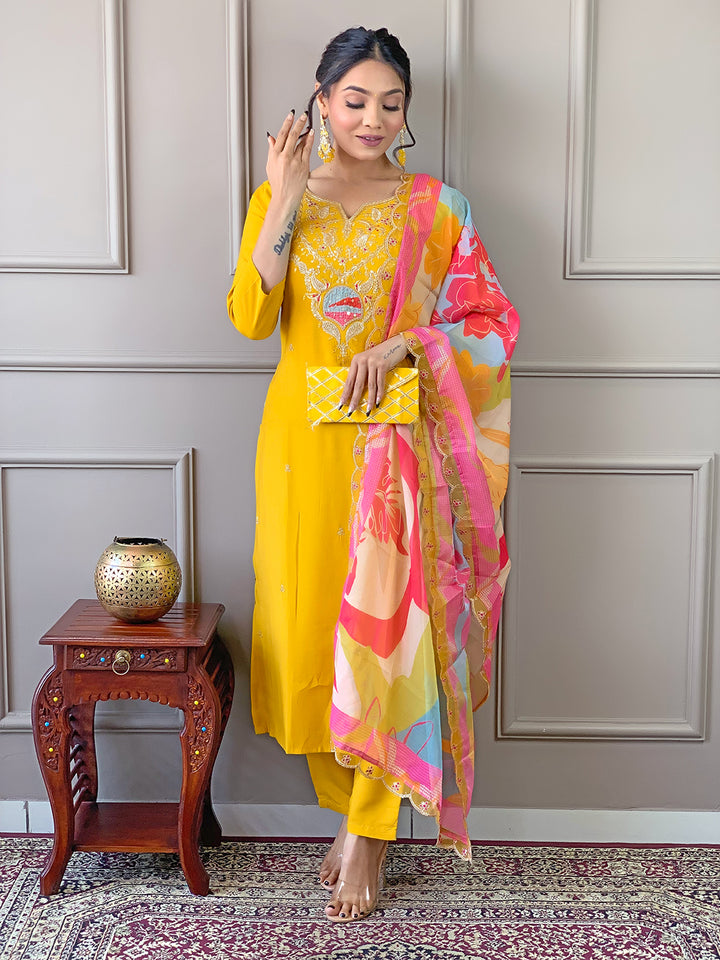 Mustard Salwar Kameez | Elegant Embroidered Suit with Silk Dupatta