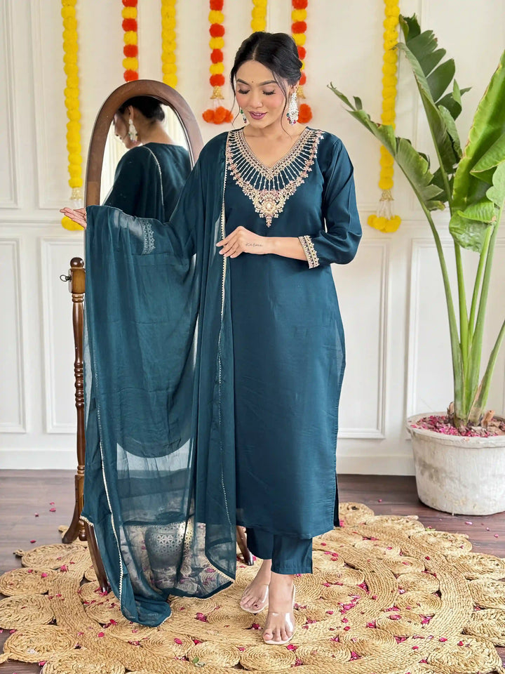Designer Teal Blue Suit | Viscose Chanderi Fabric with Embroidery Work