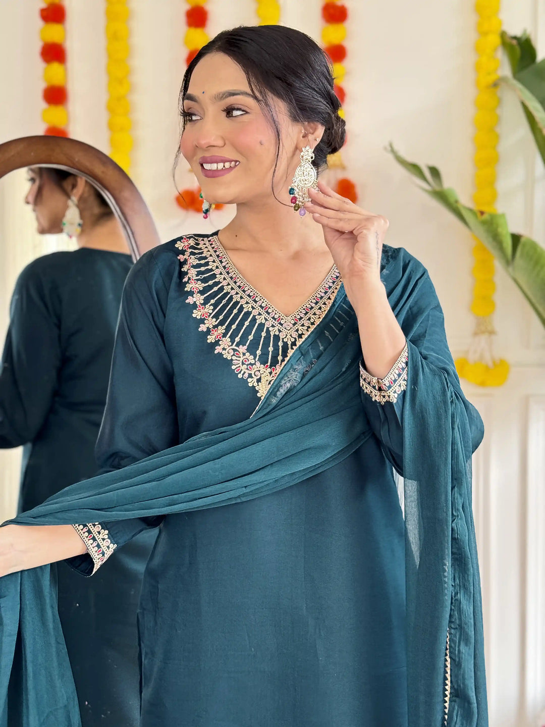 Designer Teal Blue Suit | Viscose Chanderi Fabric with Embroidery Work