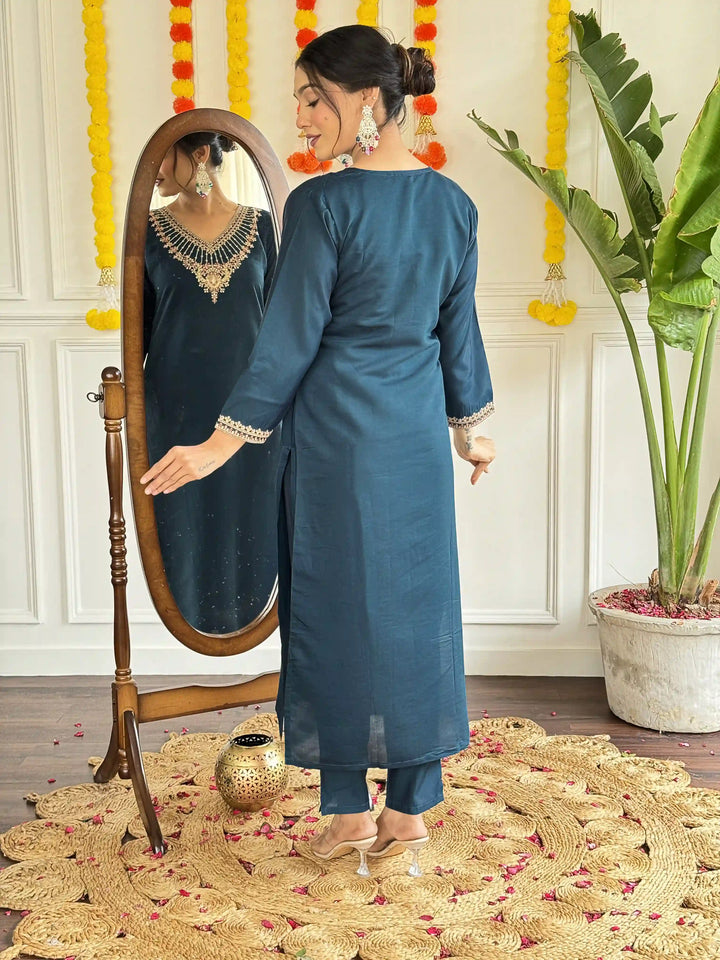 Designer Teal Blue Suit | Viscose Chanderi Fabric with Embroidery Work