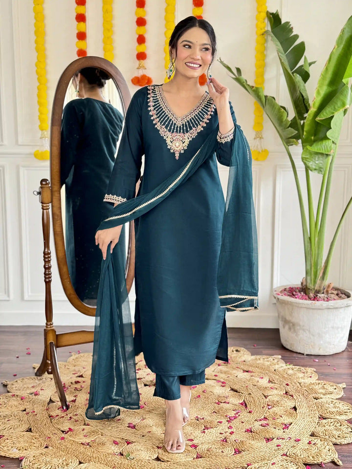 Designer Teal Blue Suit | Viscose Chanderi Fabric with Embroidery Work