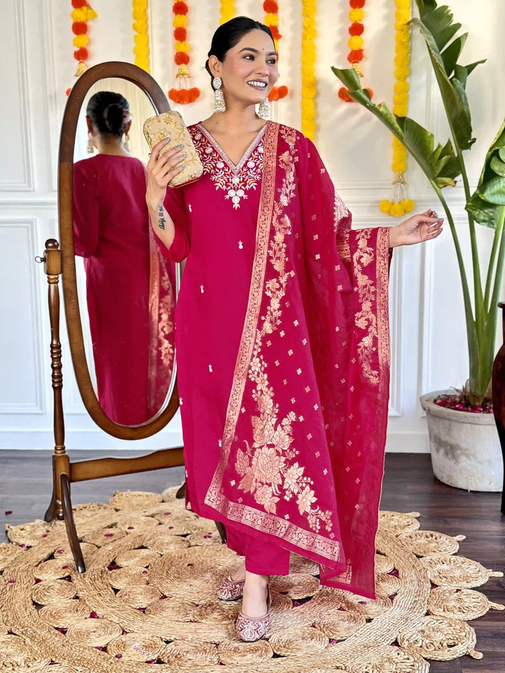 Stylish Bright Pink Suit | Embroidered Salwar Kameez with Jacquard Dupatta
