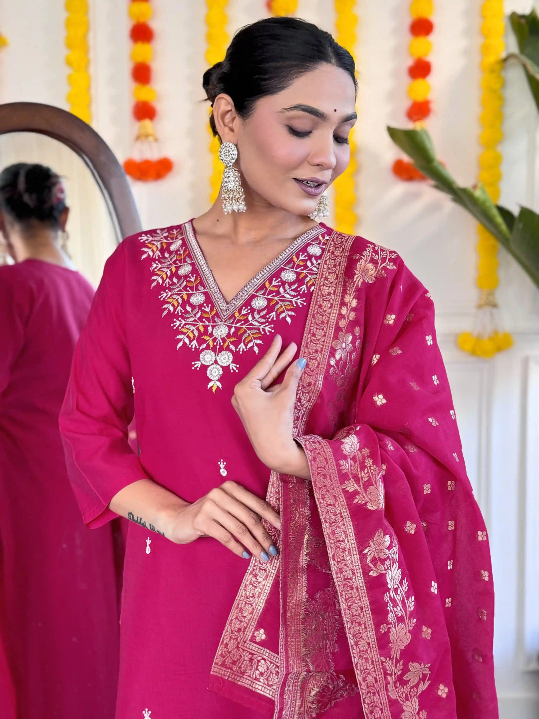 Stylish Bright Pink Suit | Embroidered Salwar Kameez with Jacquard Dupatta