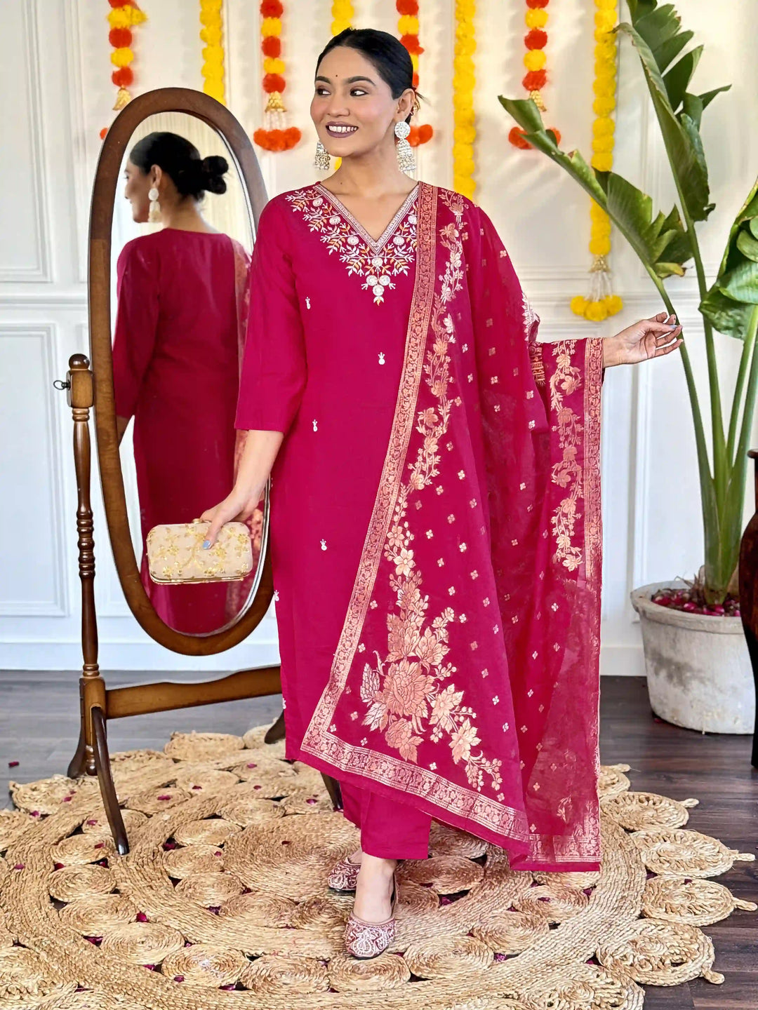 Stylish Bright Pink Suit | Embroidered Salwar Kameez with Jacquard Dupatta