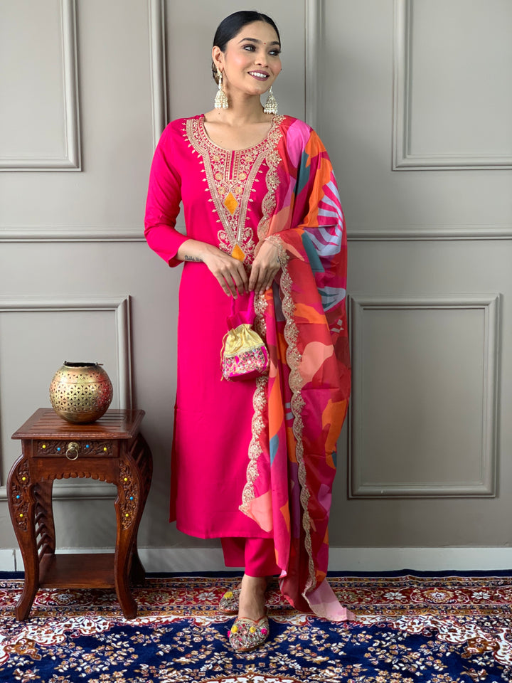 Stylish Dark Pink Suit | Embroidered & Printed Salwar Kameez with Silk Dupatta