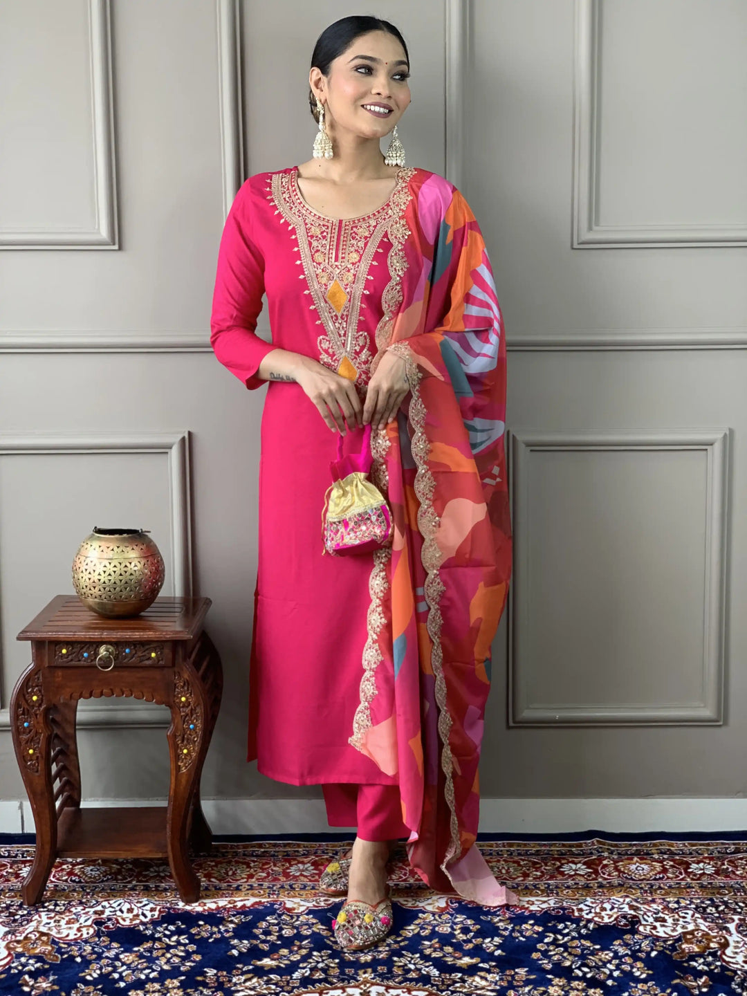 Stylish Dark Pink Suit | Embroidered & Printed Salwar Kameez with Silk Dupatta