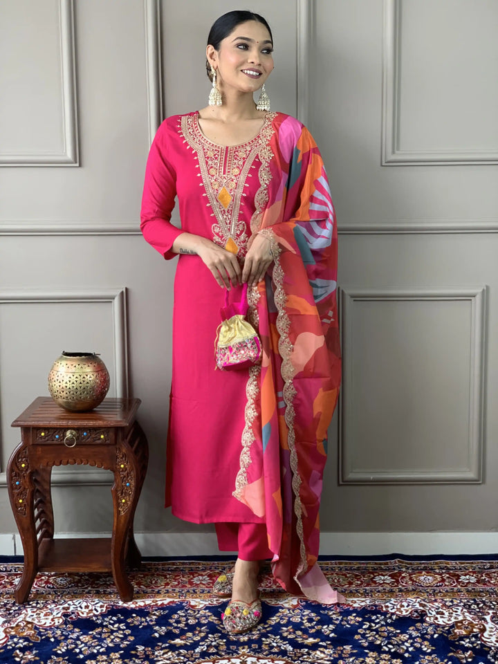 Stylish Dark Pink Suit | Embroidered & Printed Salwar Kameez with Silk Dupatta