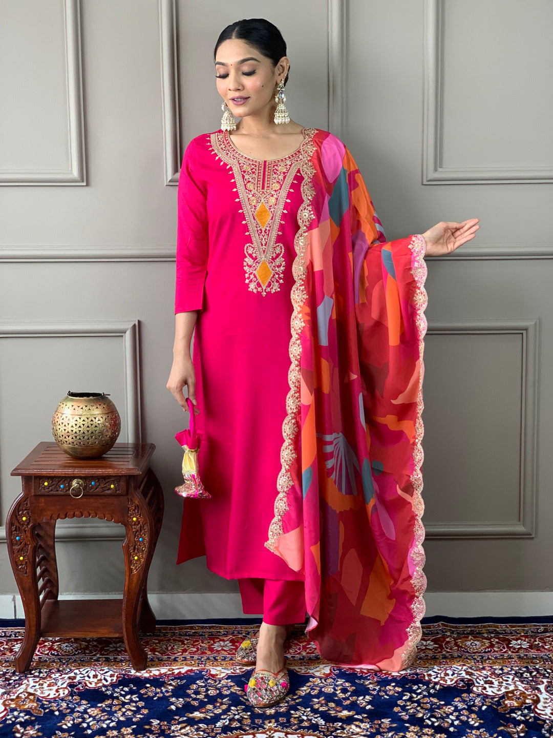 Stylish Dark Pink Suit | Embroidered & Printed Salwar Kameez with Silk Dupatta