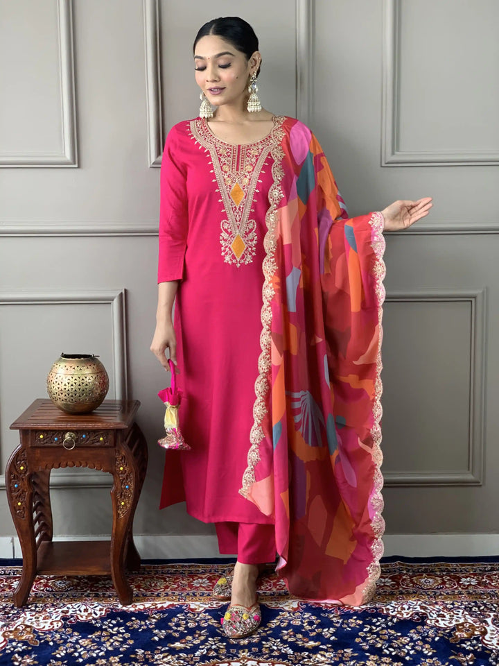 Stylish Dark Pink Suit | Embroidered & Printed Salwar Kameez with Silk Dupatta