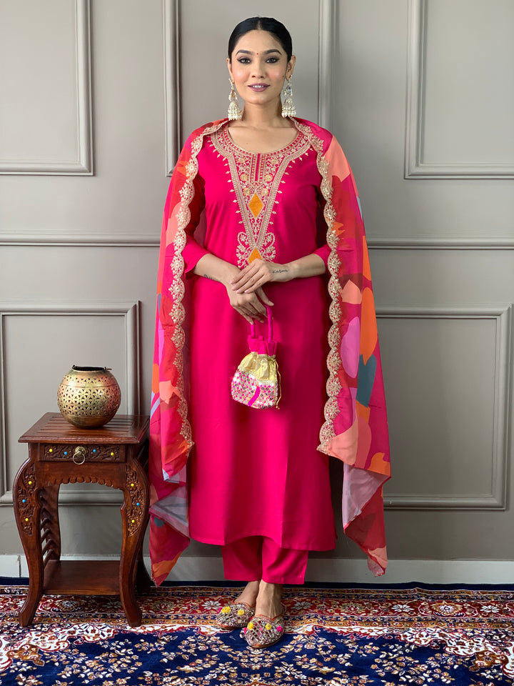 Stylish Dark Pink Suit | Embroidered & Printed Salwar Kameez with Silk Dupatta