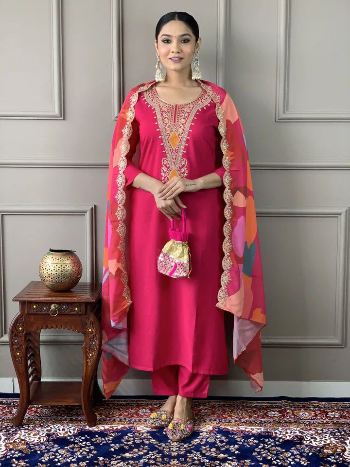 Stylish Dark Pink Suit | Embroidered & Printed Salwar Kameez with Silk Dupatta