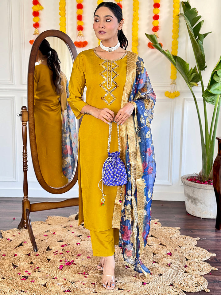 Elegant Mustard Suit | Jacquard Butti Dupatta with Embroidery & Print