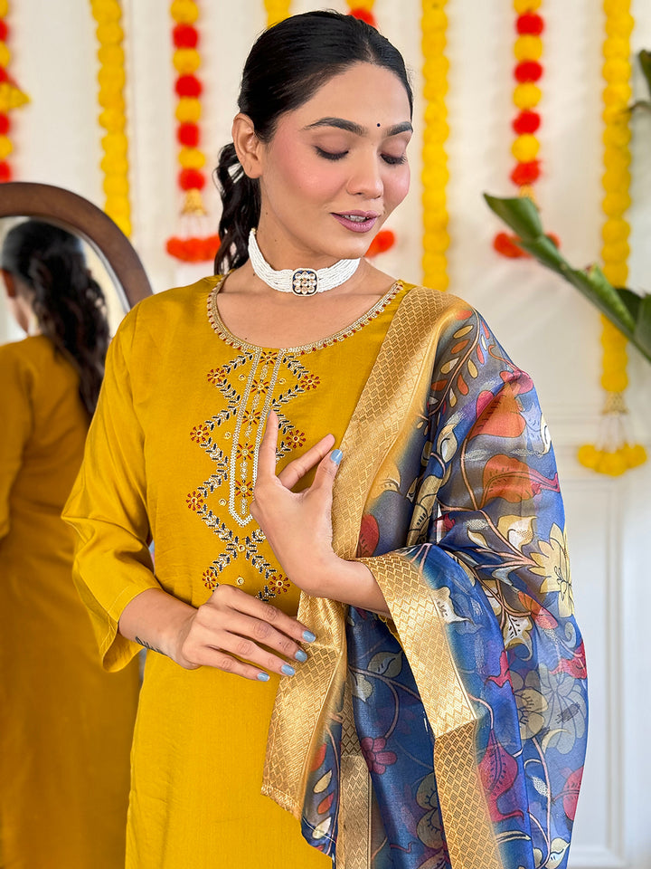 Elegant Mustard Suit | Jacquard Butti Dupatta with Embroidery & Print