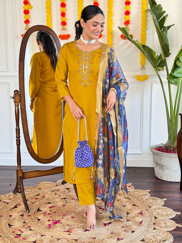 Elegant Mustard Suit | Jacquard Butti Dupatta with Embroidery & Print