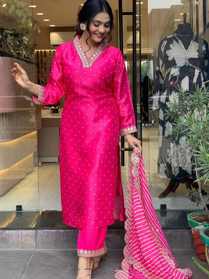 Festive Bright Pink Suit | Silk Crepe & Rayon Ethnic Set with Designer Embroidery