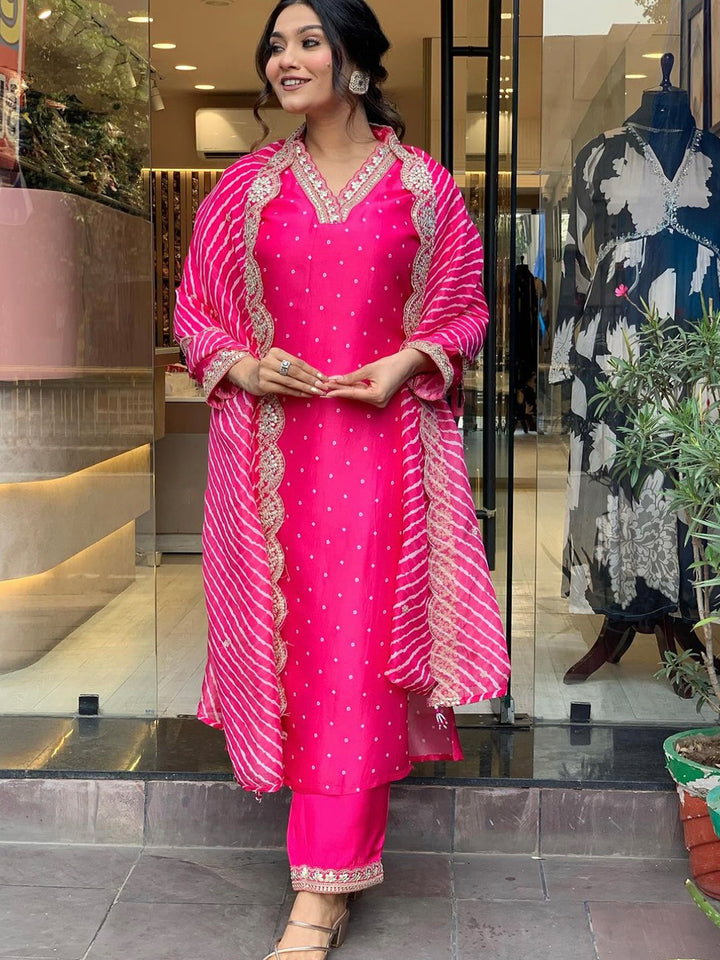 Festive Bright Pink Suit | Silk Crepe & Rayon Ethnic Set with Designer Embroidery