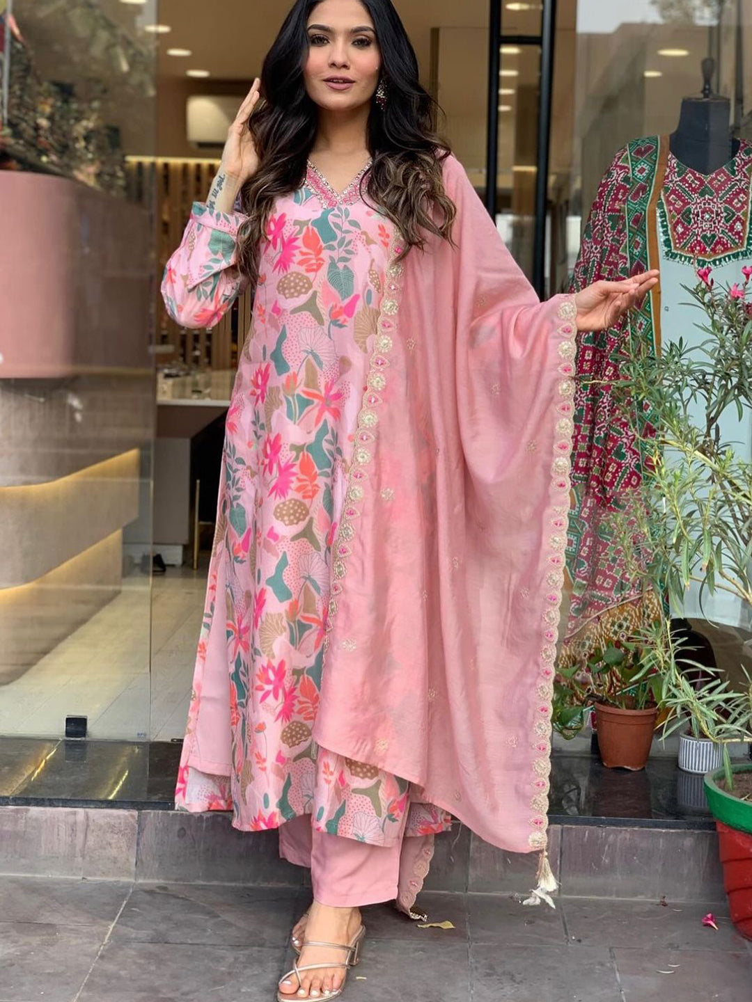 Pink Embroidered Muslin Cotton Suit | Chic Ethnic Wear with Chinon Dupatta
