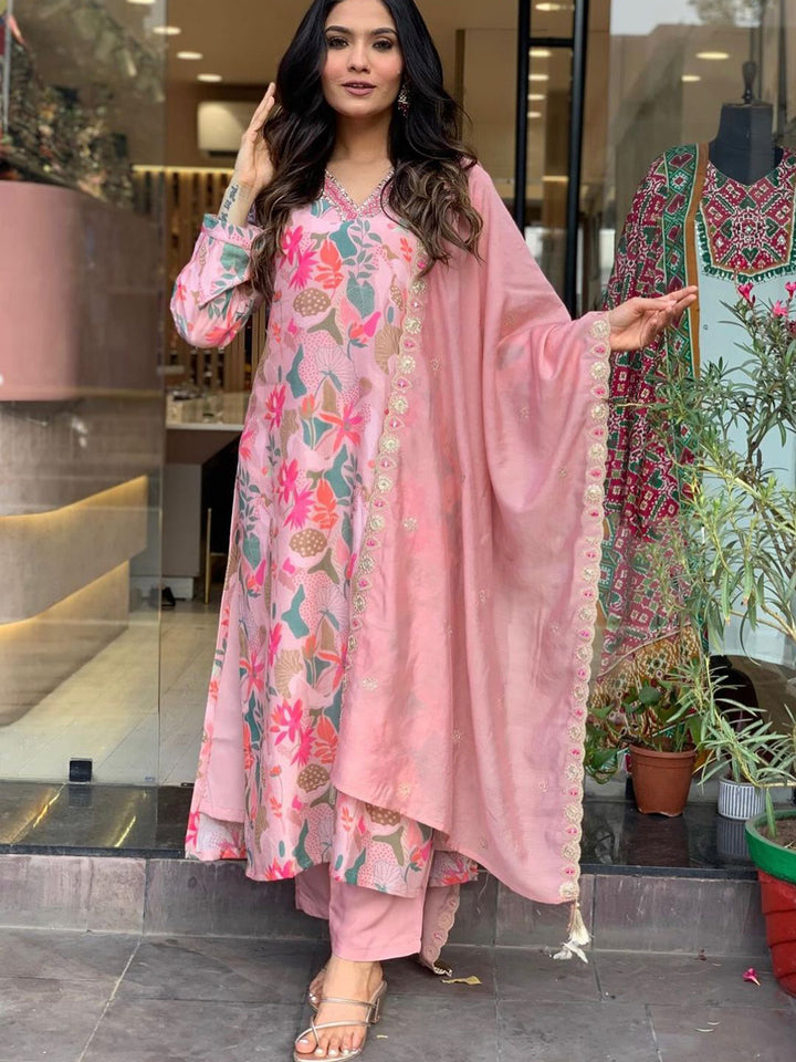 Pink Embroidered Muslin Cotton Suit | Chic Ethnic Wear with Chinon Dupatta