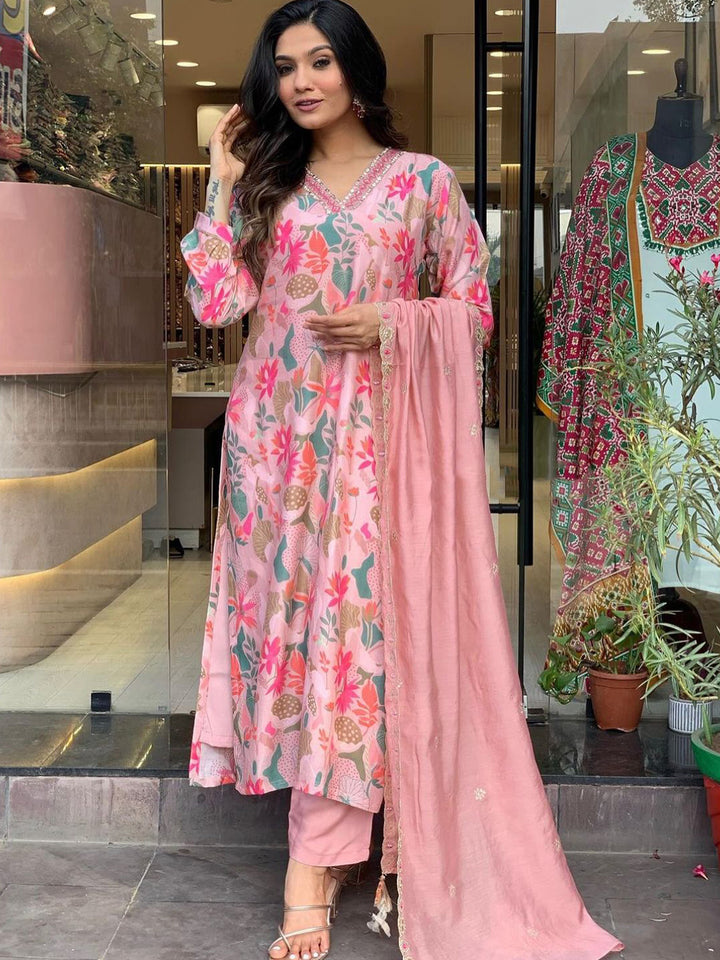 Pink Embroidered Muslin Cotton Suit | Chic Ethnic Wear with Chinon Dupatta