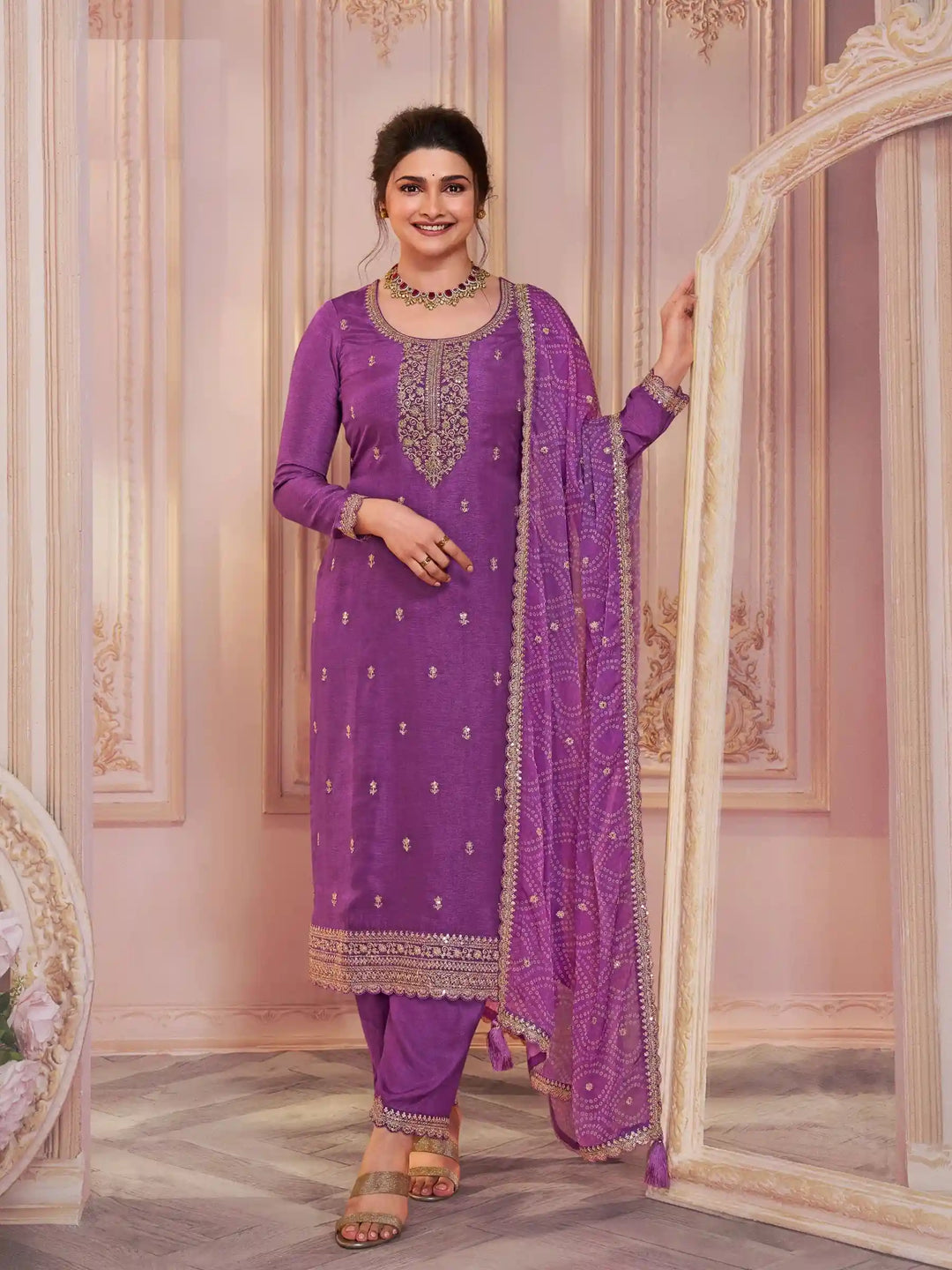 Elegant Georgette Suit | Designer Embroidered Ethnic Set with Chiffon Dupatta