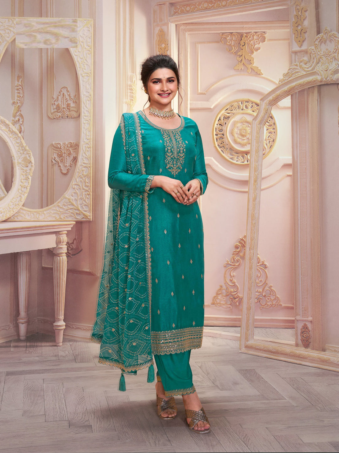 Elegant Georgette Suit | Designer Embroidered Ethnic Set with Chiffon Dupatta