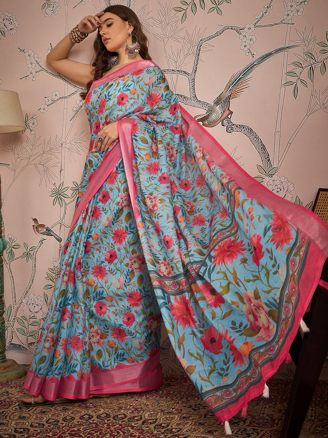 Stunning Sky Blue Linen Saree | Digital Print for Weddings & Celebrations