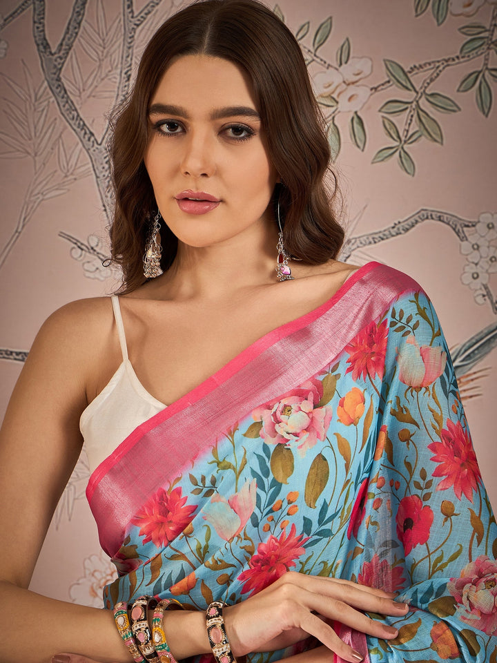 Stunning Sky Blue Linen Saree | Digital Print for Weddings & Celebrations
