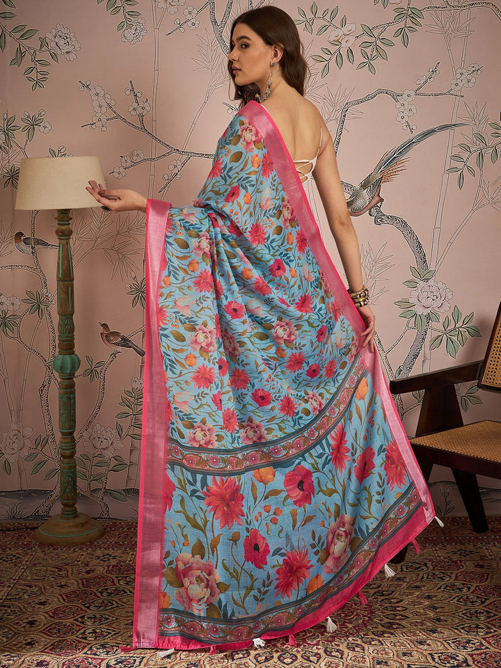 Stunning Sky Blue Linen Saree | Digital Print for Weddings & Celebrations