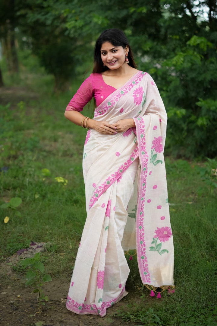 Muga-Cotton Jamdani Weaving Saree | Elegant for Weddings & Special Events