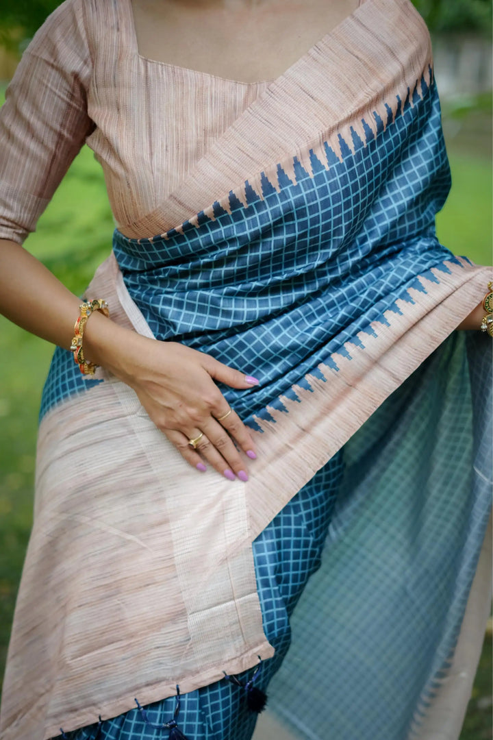 Tussar Silk Saree with Wevon Kantha Designer Print | Special Event & Wedding