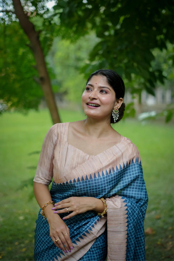 Tussar Silk Saree with Wevon Kantha Designer Print | Special Event & Wedding