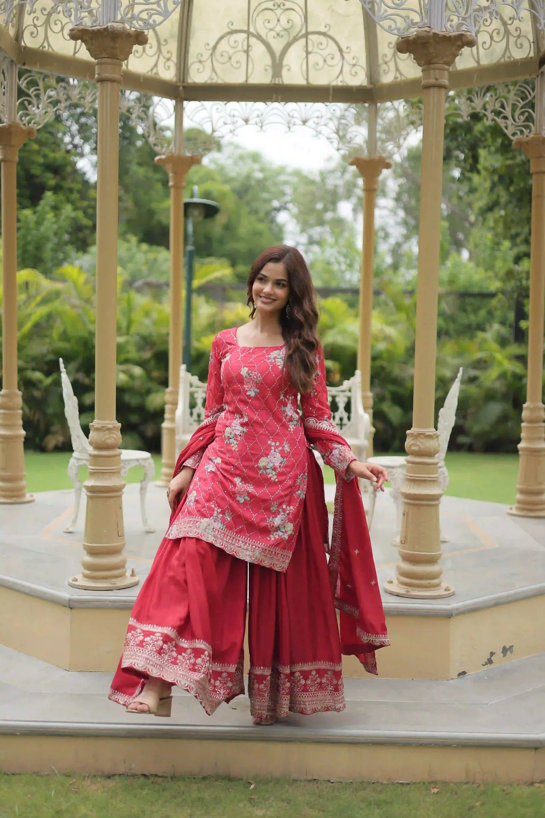 Elegant Chinon Palazzo Suit | Printed & Sequins Embroidery for Festive Wear