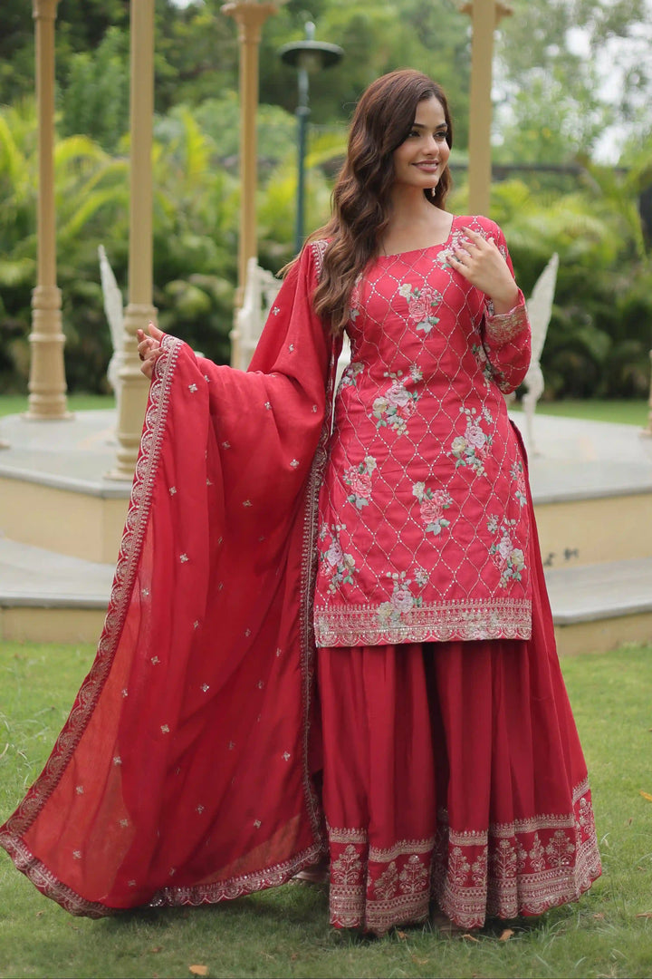 Elegant Chinon Palazzo Suit | Printed & Sequins Embroidery for Festive Wear