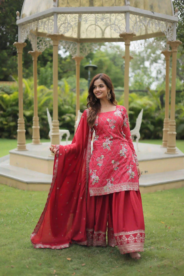 Elegant Chinon Palazzo Suit | Printed & Sequins Embroidery for Festive Wear