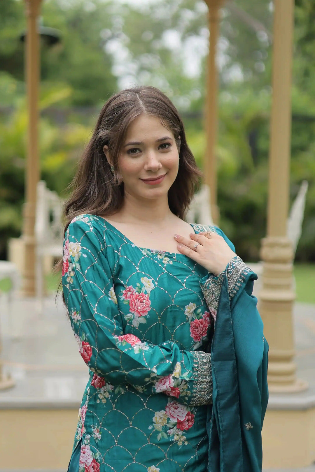 Elegant Chinon Palazzo Suit | Printed & Sequins Embroidery for Festive Wear