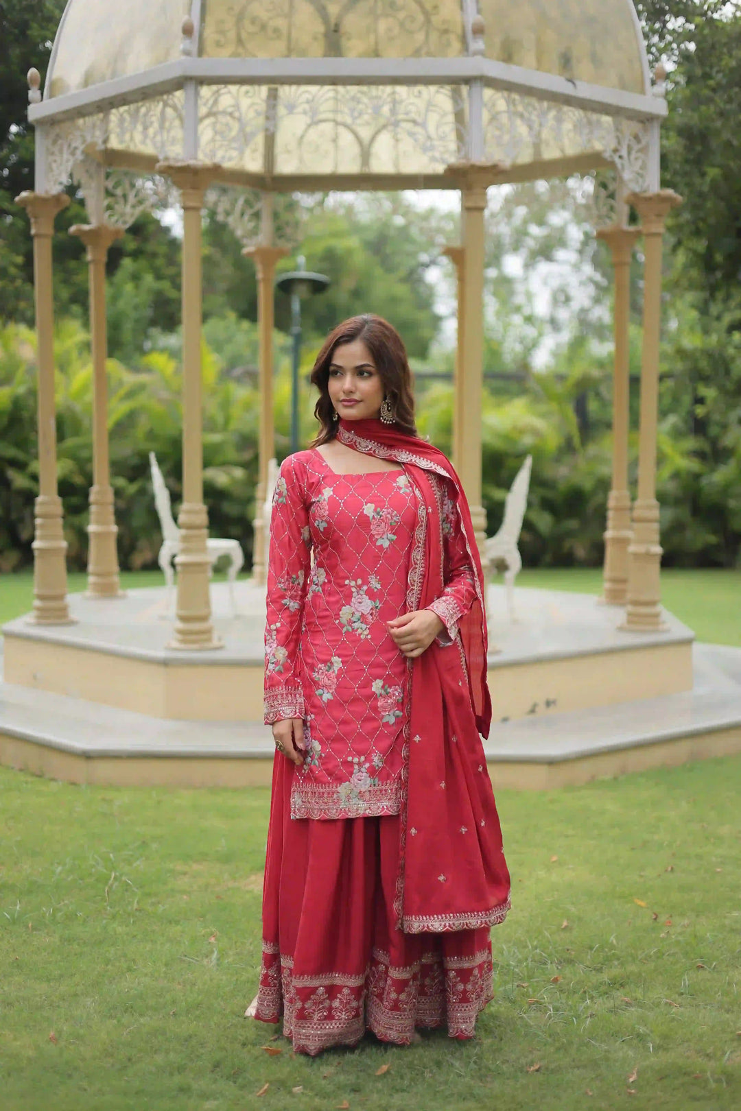 Elegant Chinon Palazzo Suit | Printed & Sequins Embroidery for Festive Wear