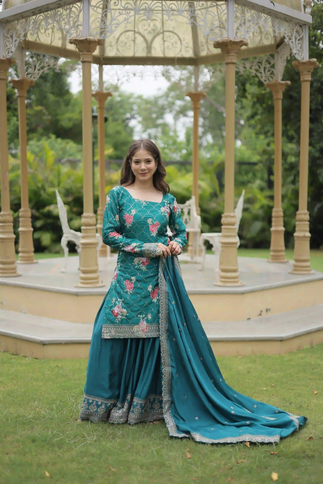 Elegant Chinon Palazzo Suit | Printed & Sequins Embroidery for Festive Wear