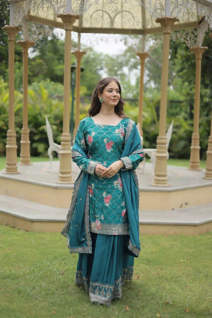 Elegant Chinon Palazzo Suit | Printed & Sequins Embroidery for Festive Wear